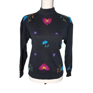 Vintage American Weekend Black Cotton Embroidered Swtr Sz S Vintage, Artsy